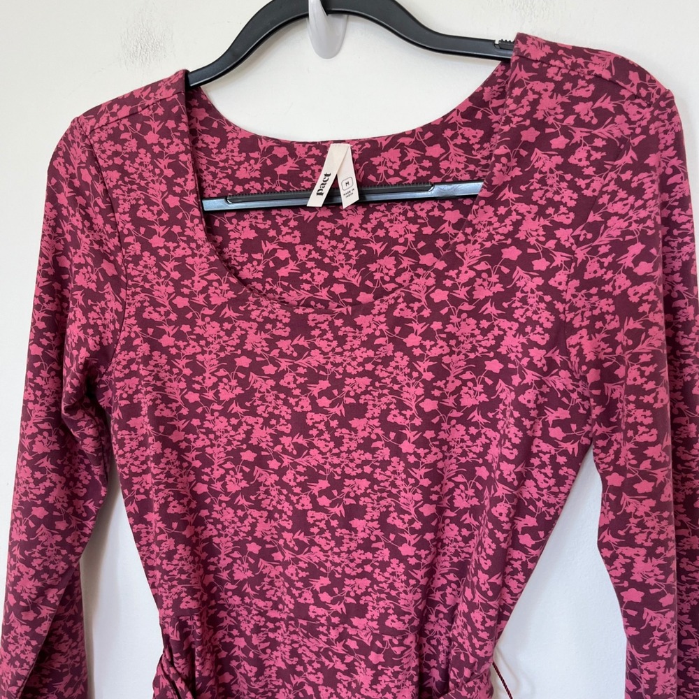 Pact Organic Scoop Neck Fit & Flare Floral Dress Pockets Belt Womens Medium Pink - Picture 3 of 13
